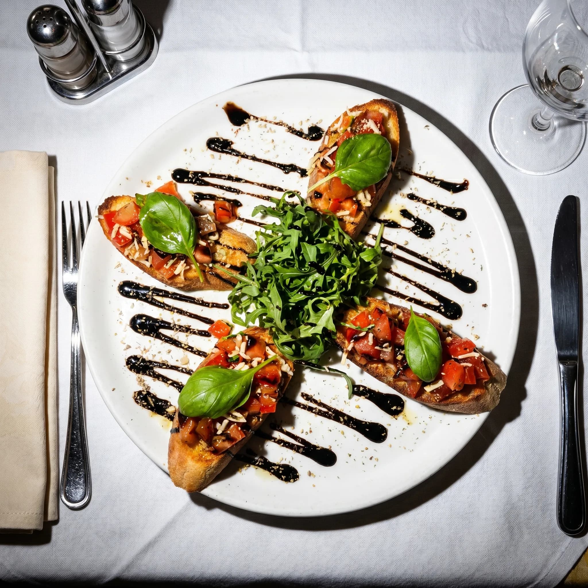Bruschetta mit frischen Tomaten auf einem gedeckten Tisch bei La Commedia.